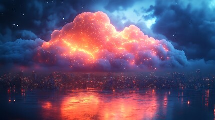 A glowing cloud hovers over a city at night with reflections in the water below.