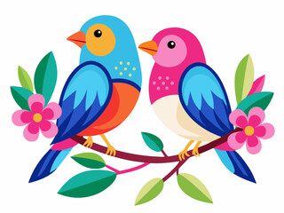 Two colorful birds sitting on a branch with a pink flower vector illustration