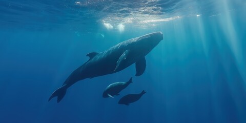 Naklejka premium A mother whale raising her young in the ocean as sunlight rays pierce the surface of the water