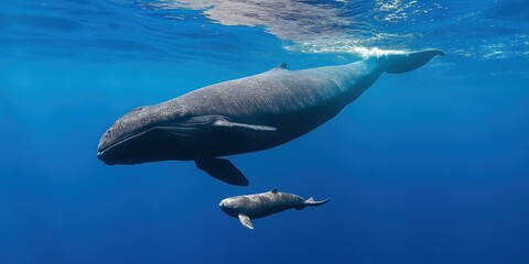 Fototapeta premium A mother whale raising her young in the ocean as sunlight rays pierce the surface of the water
