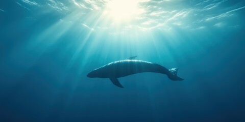 Fototapeta premium A whale swimming under the ocean with sunlight shafts making their way in the water 