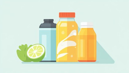 Three bottles of juice, one with a lid, one with a twist top, and one with a cap.  A lime wedge is in the foreground.  The background is a light blue.