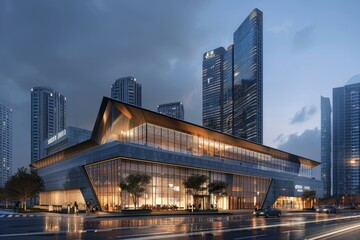 Modern convention center with a striking glass facade stands prominently in a bustling urban city center, illuminated by the warm glow of dusk