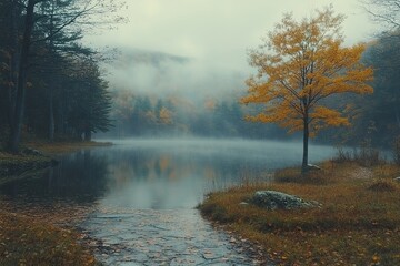 A peaceful misty morning landscape with soft light and muted colors evoking a sense of calm and renewal