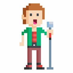 Fototapeta premium Retro Pixel Art Singer with Microphone on White Background