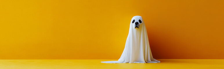 Dog wearing ghost costume on color background, Halloween concept