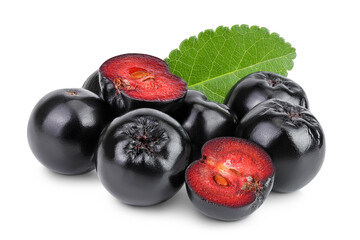 Chokeberry with leaf isolated on white background. Black aronia.