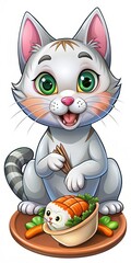 Adorable cartoon cat holding a plate of zongzi rice dumplings with its tongue out, excited for dragon boat festival. Vertical. 