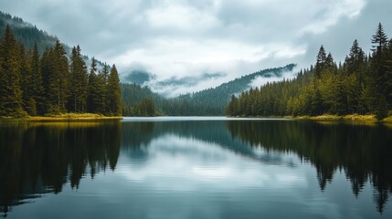 An exquisite lake with a forest backdrop. The water is calm, but the sky is overcast.