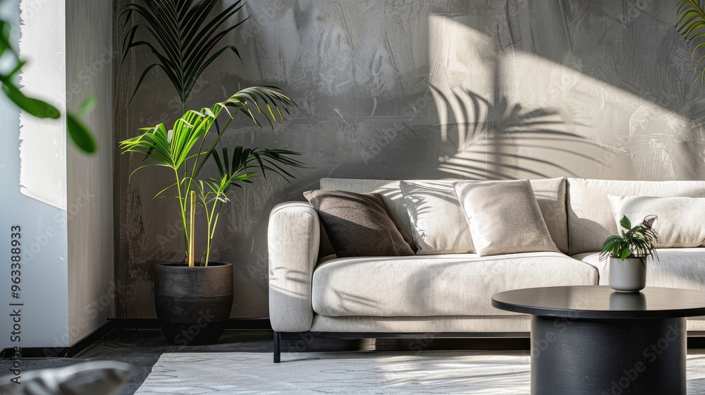 Sticker sofa, potted plant, and sleek black table