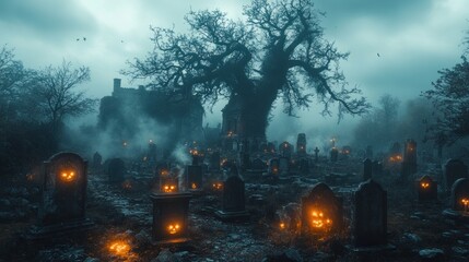 Eerie graveyard with glowing pumpkins and a twisted tree.
