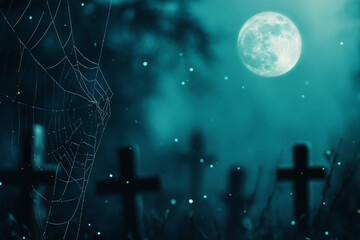 Graveyard cross under full moon with spider web and bokeh effect, background