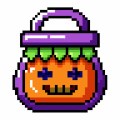 Obraz premium Pixel Art Halloween Pumpkin Basket Icon Retro 8 Bit Game Style Illustration
