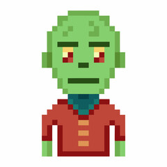 Pixel Art Green Alien Character with Red Shirt in Retro Style
