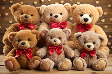 Adorable teddy bears with red bows in cozy wooden room decorated with hearts