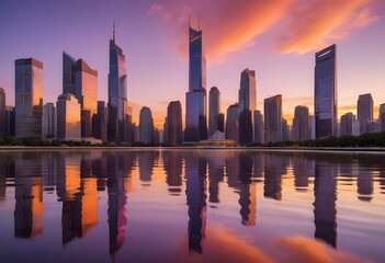 A modern city skyline with tall skyscrapers reflected in the calm waters at sunset, with a vibrant orange and purple sky