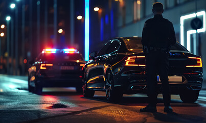Naklejka premium A police officer stands near patrol cars on a misty street at night, with blue and red lights reflecting on the wet road, creating a tense atmosphere of a potential crime scene