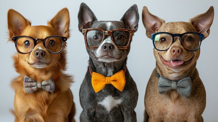 Fototapeta premium Three Dogs Wearing Glasses and Bow Ties - Adorable Pet Portrait