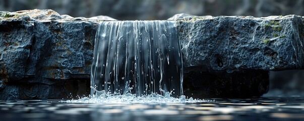 A small waterfall cascades over a rocky ledge, creating a serene and peaceful scene. The water is crystal clear and the rocks are covered in moss.