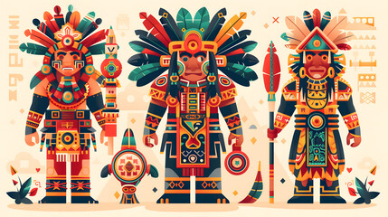 ancient Azteca civilization with iconic symbols such as the Aztec calendar and the feathered serpent god, Quetzalcoatl, alongside Aztec warriors in headdresses