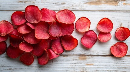 A pile of red beet chips on a white rustic wooden background.