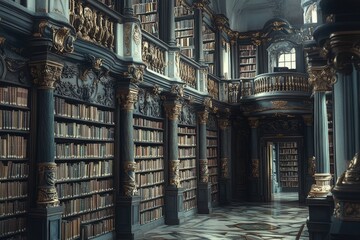 Naklejka premium Classic European Library Interior with Wooden Floors..