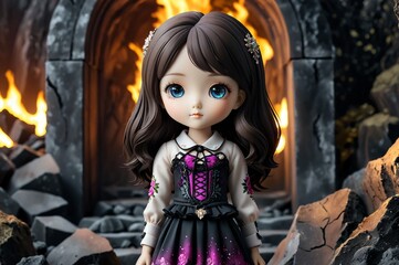 Cute little 3D doll in children's cartoon style, animated fantasy. Artistic background. Art illustration. Book illustration. Cartoon stylized illustrated art.