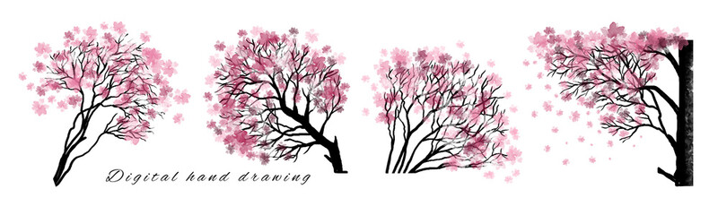Fototapeta premium A set of trees with pink buds in the doodle style, a sketch on a white background. Isolated branches of a spring tree. A painted tree with flowers, cherry blossoms