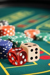 Close-up of dice and poker chips on a green felt table.