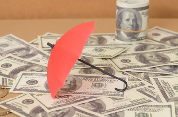 The red umbrella, shielding a pile of dollar bills from the unseen elements, symbolizes the importance of financial protection and security.