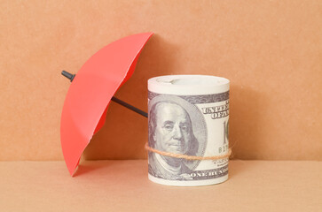 The red umbrella, shielding a pile of dollar bills from the unseen elements, symbolizes the importance of financial protection and security.