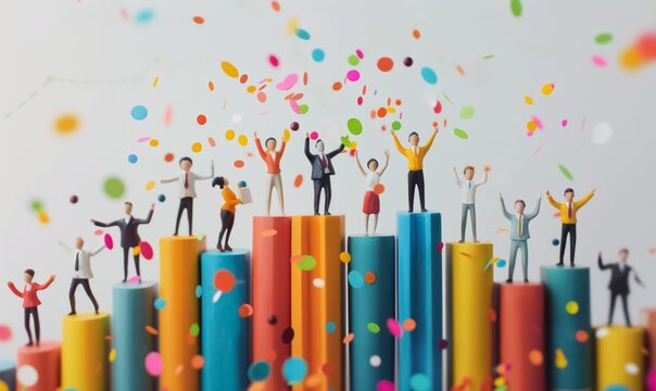Celebration of Success in Teamwork and Achievement delivered through collaboration, A vibrant display of miniature figures celebrating atop colorful bars, symbolizing teamwork and success.