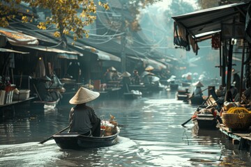 Obraz premium Vendor wearing a traditional vietnamese hat rowing a boat full of goods at a floating market
