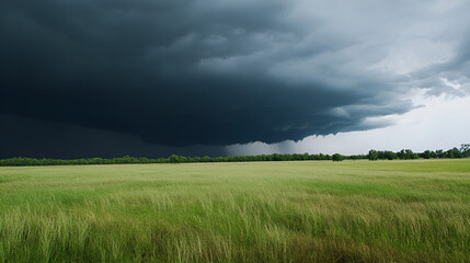 Dramatic Dark Storm Clouds Over Green Grass Field - Nature Photography