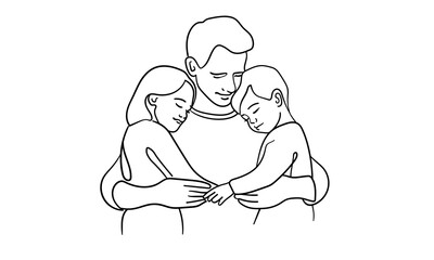 Father and two chieldrens  continuous line art drawing isolated on white background. Fathers day. Vector illustration	