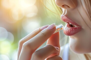 Woman taking a capsule with lush lips