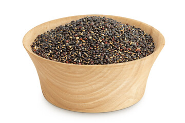 black quinoa in wooden bowl isolated on white background