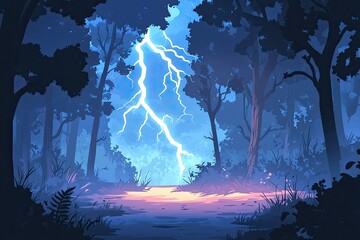 Obraz premium A Vivid Bolt of Lightning Illuminates a Dark Forest Path, Casting Eerie Shadows Among the Trees.