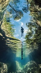 Obraz premium Underwater View of a Diver with Sunbeams and Reflected Trees