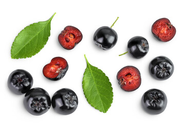 Chokeberry with leaf isolated on white background. Black aronia. Top view. Flat lay
