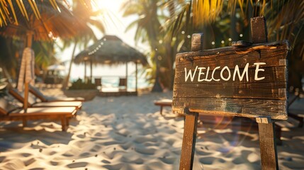 summer day, beach party, wooden sign welcoming holidaymakers, bar, palm trees in the background