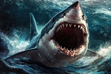 A menacing shark with its mouth wide open, displaying sharp teeth, set in a dramatic underwater scene that captures the danger and majesty of marine life.