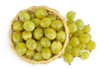 Green gooseberry in a wicker basket isolated on white background. Top view. Flat lay.