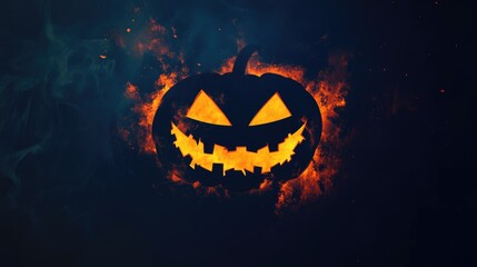 Fototapeta premium pumpkin logo with glowing eyes and mouth or jack-o-lantern on black background. Halloween holiday concept.