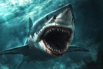A menacing shark with its mouth wide open, displaying sharp teeth, set in a dramatic underwater scene that captures the danger and majesty of marine life.