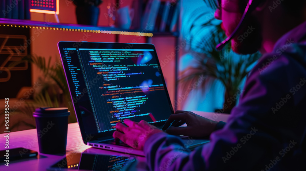 Wall mural software developer working on a laptop showing code on screen
