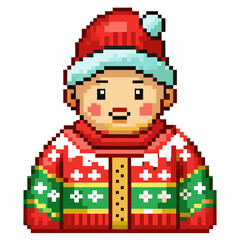 Fototapeta premium Pixel Art Portrait of a Festive Child in Christmas Sweater and Santa Hat