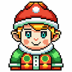 Fototapeta premium Pixel Art Elf in Festive Christmas Attire with Santa Hat and Green Outfit