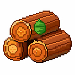 Obraz premium Stack of Pixel Art Wooden Logs with Leaf Accents Digital Retro Style Illustration