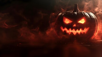 A spooky Halloween pumpkin with glowing eyes and a menacing grin, surrounded by dark smoke and eerie lighting.